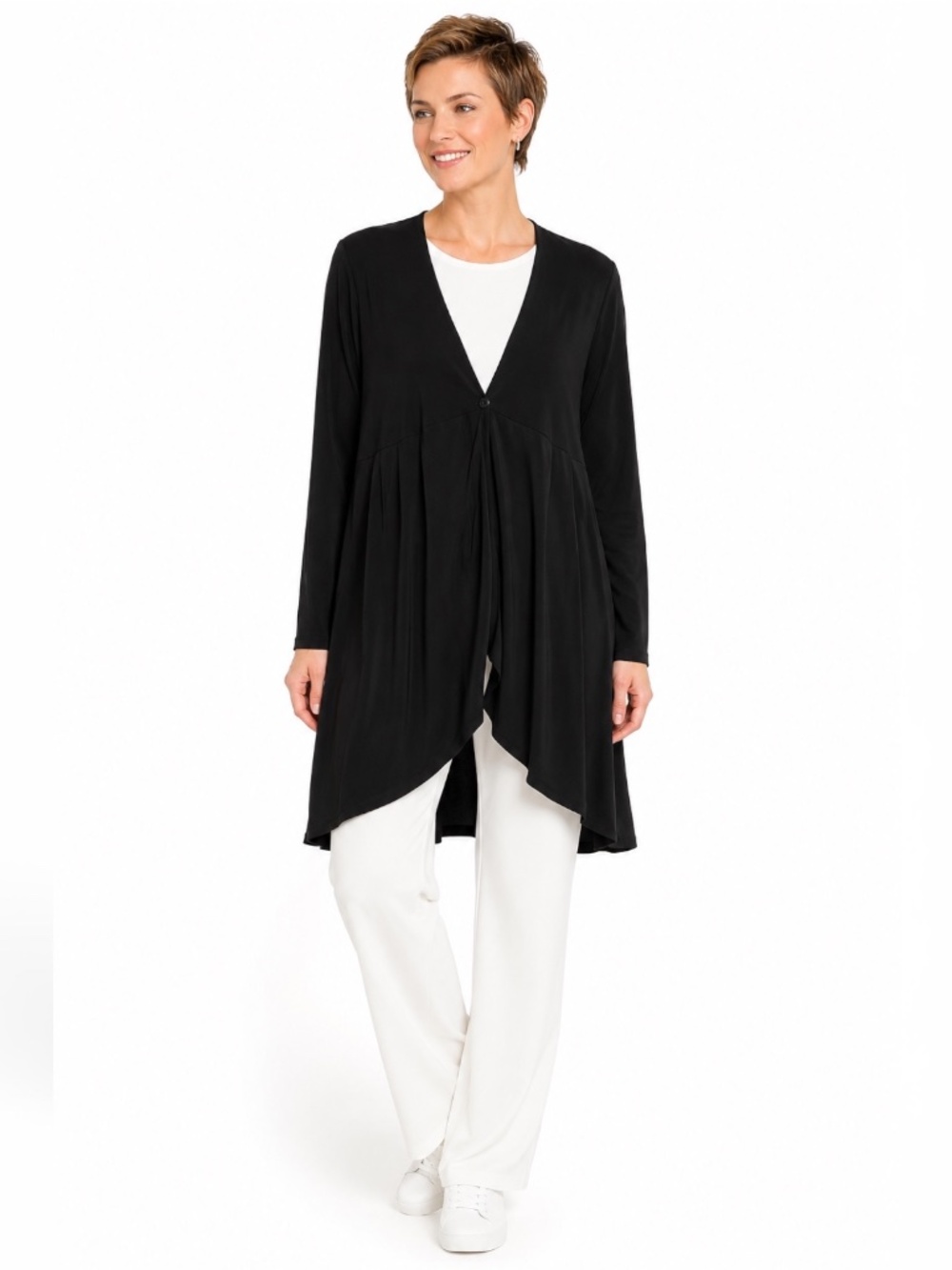 SYMPLI Black Jersey Knit One Button Close Cardigan / Jacket Hi Lo Hem SZ 14